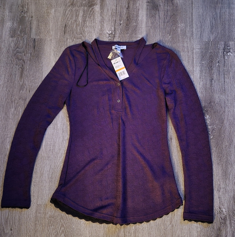 William Rast Deep Purple Long Sleeve Top with Scalloped Lace Edges